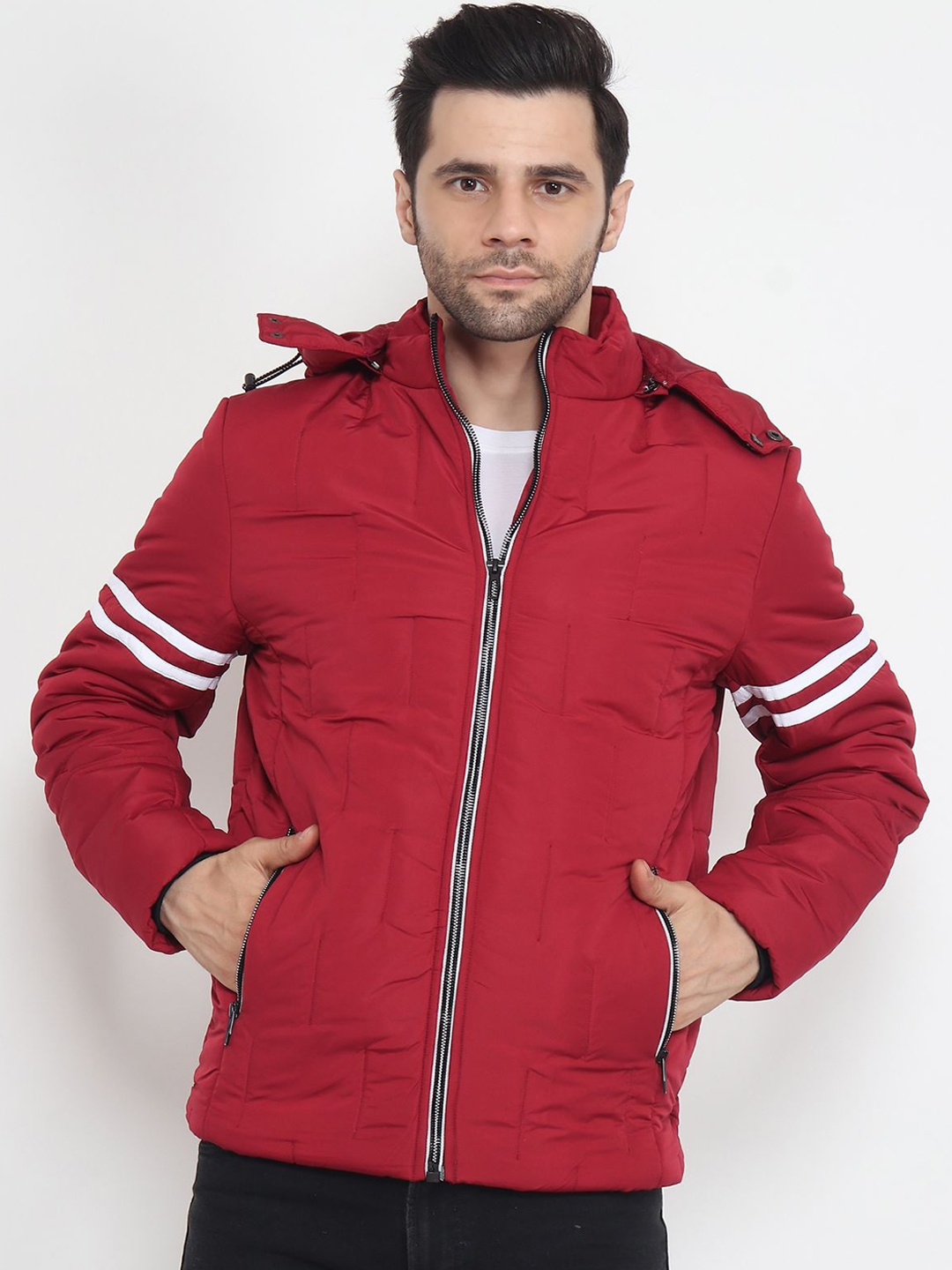

Xohy Men Maroon White Striped Insulator Detachable Hooded Padded Jacket