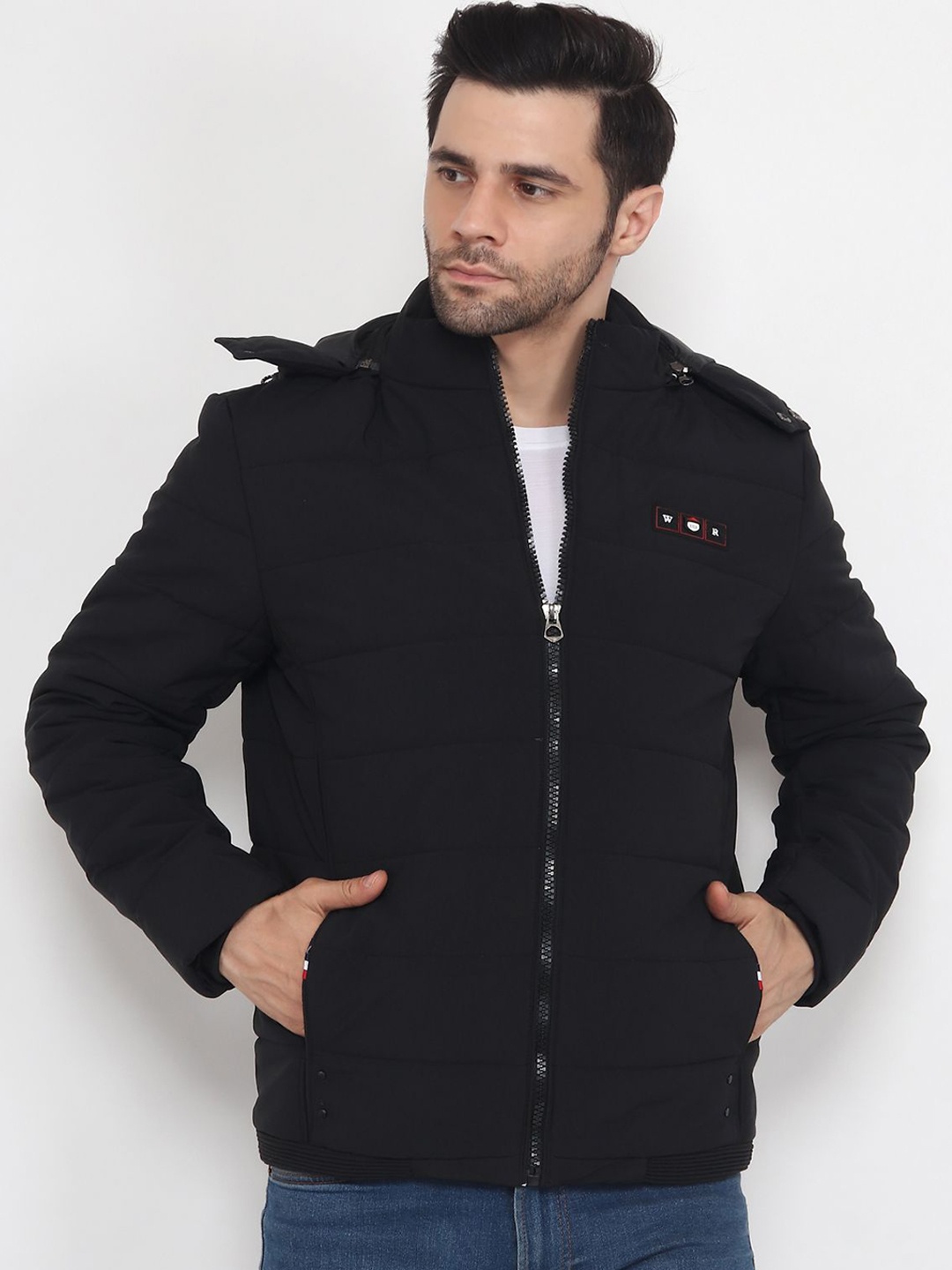 

Xohy Men Black Insulator Detachable Hooded Padded Jacket