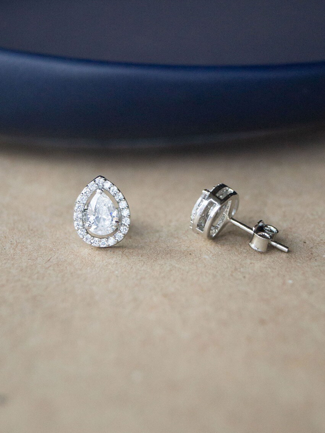

MANNASH Silver Toned Rhodium Plated Teardrop Shaped Stud Earrings