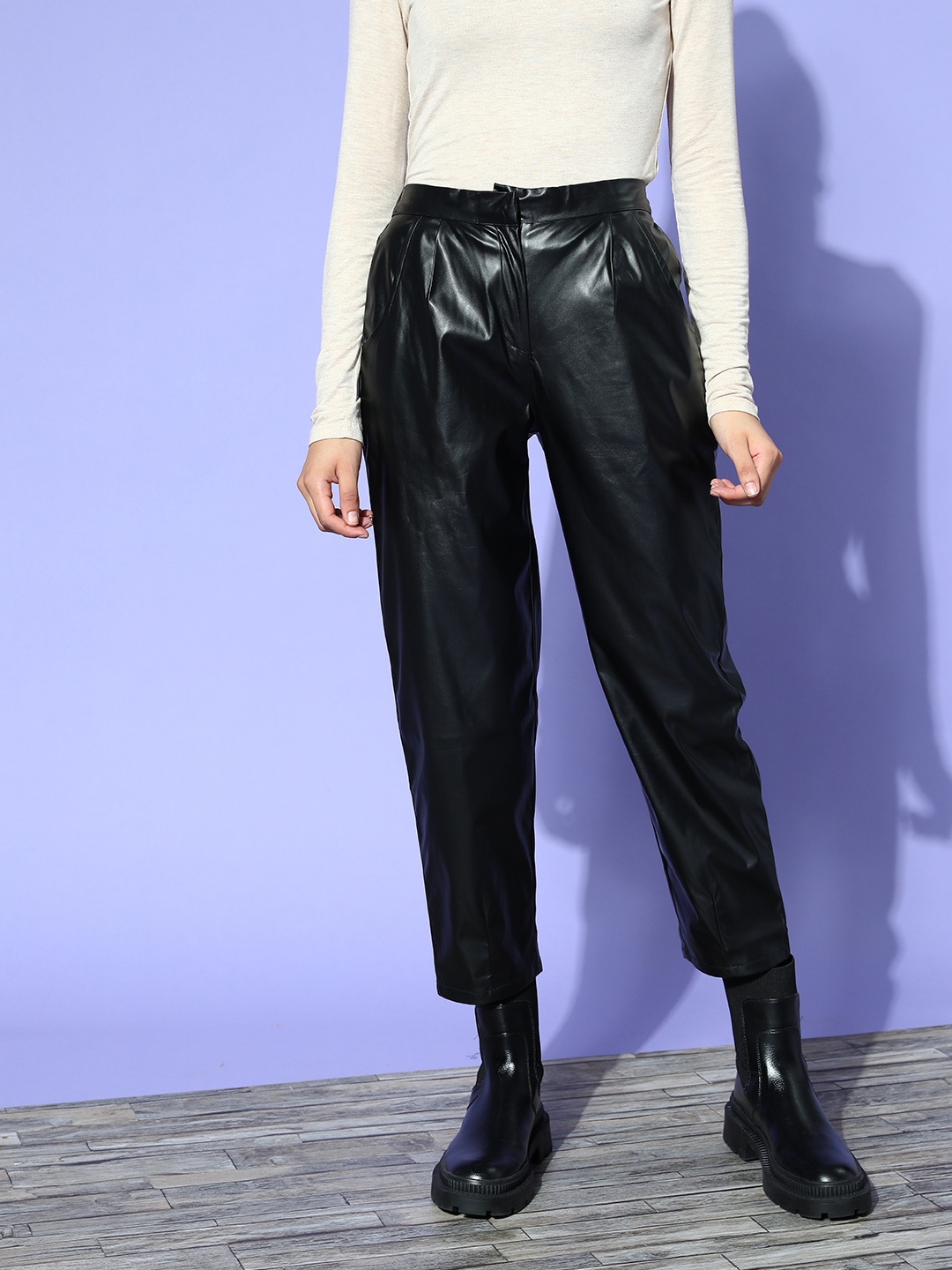 

SASSAFRAS Women Black PU Pleated Trousers