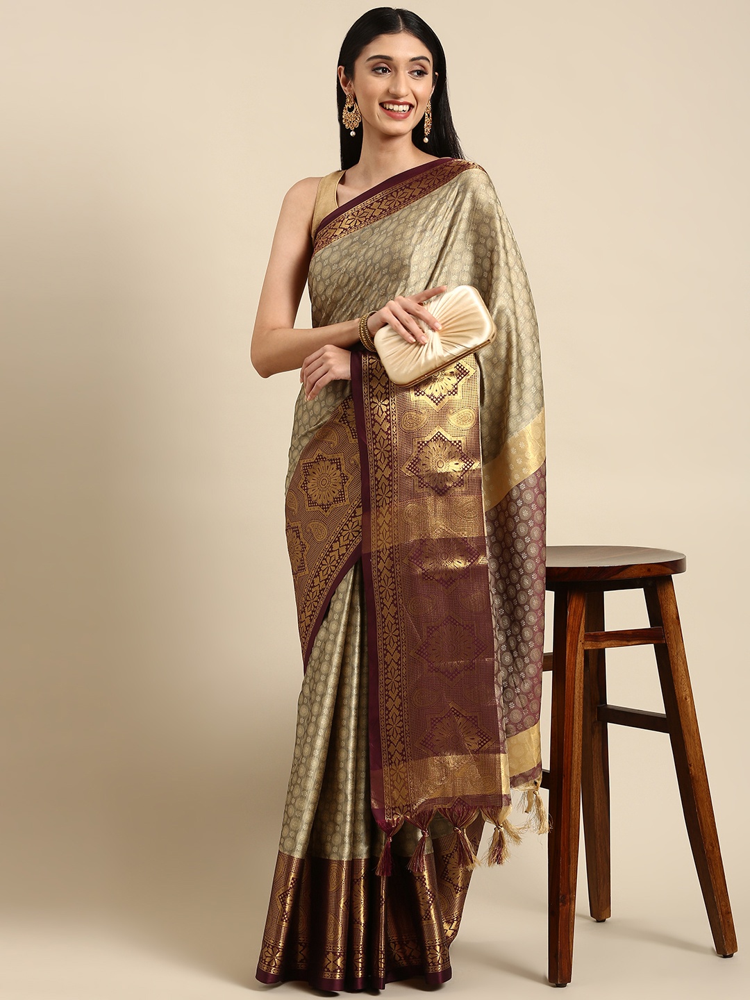 

Anouk Beige & Maroon Woven Design Silk Blend Banarasi Saree