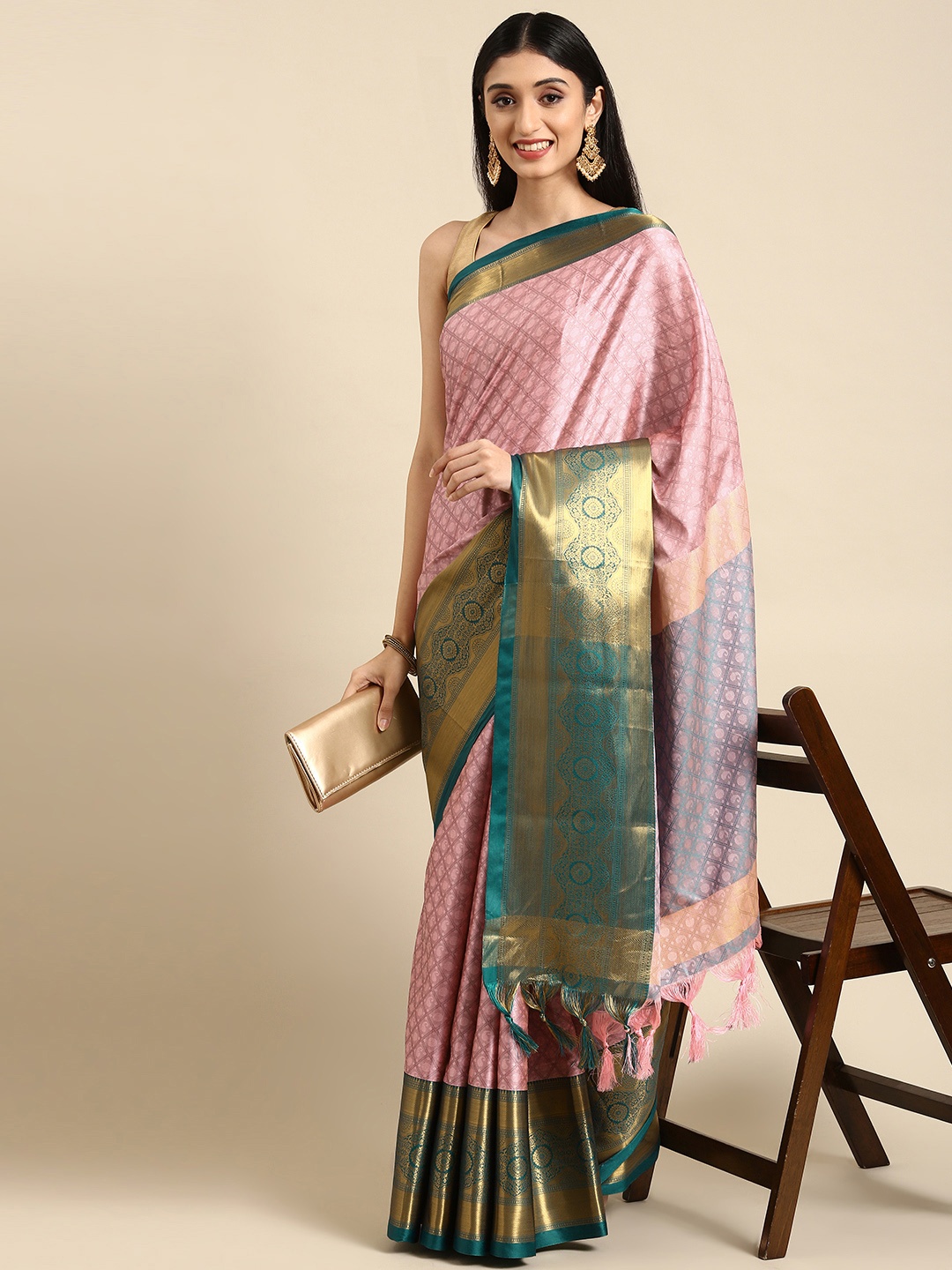 

Anouk Pink & Green Woven Design Silk Blend Banarasi Saree