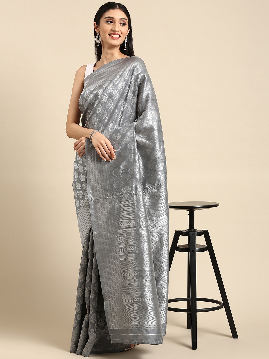 

Anouk Grey & Silver Woven Design Silk Blend Banarasi Saree
