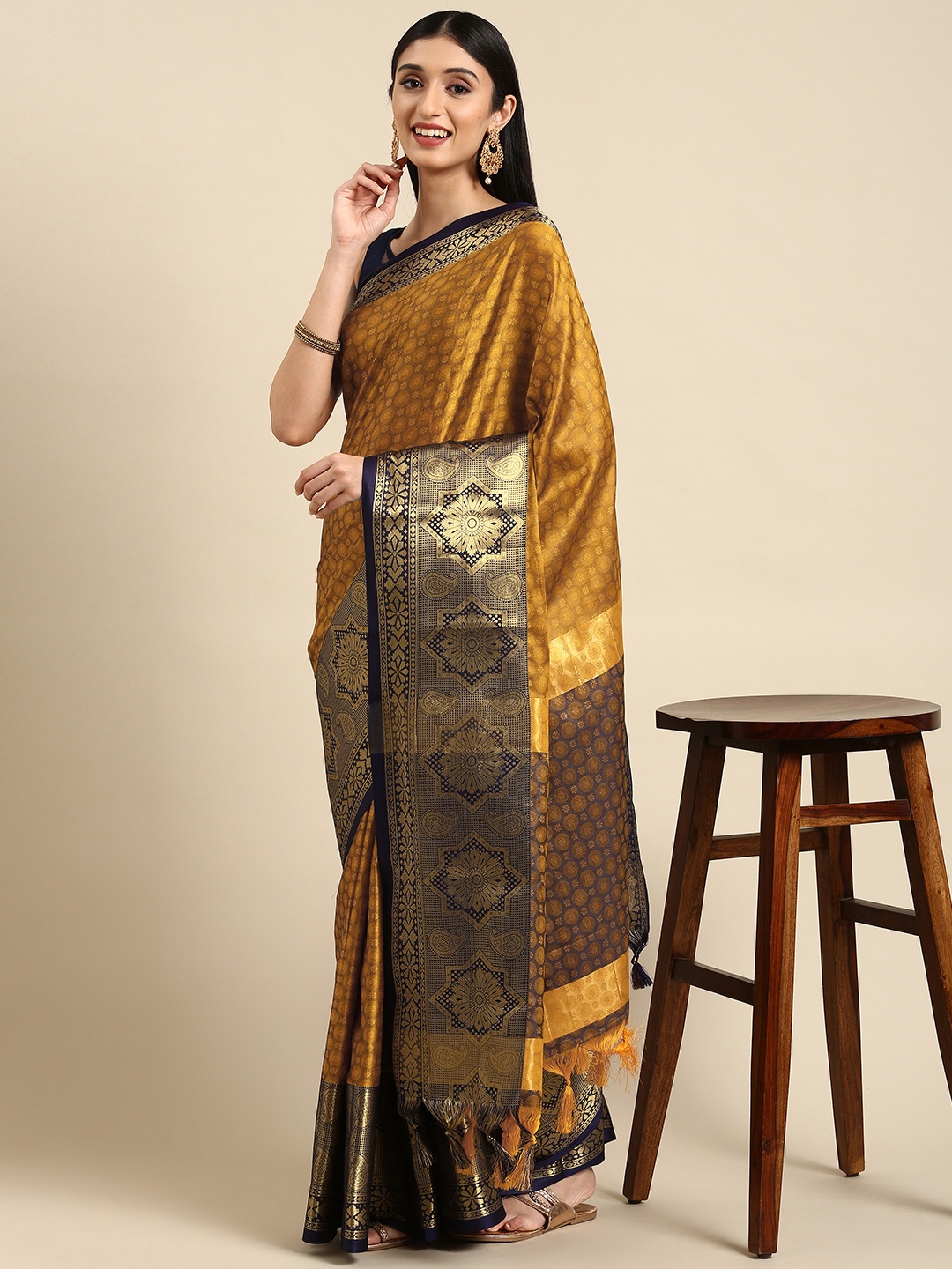 

Anouk Mustard Yellow & Golden Woven Design Silk Blend Banarasi Saree