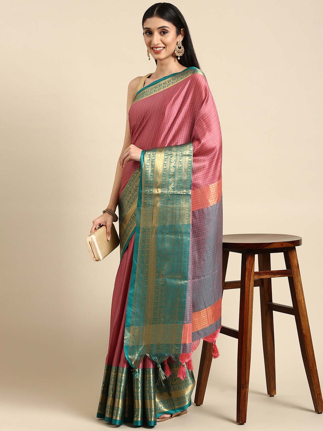 

Anouk Pink & Green Woven Design Silk Blend Banarasi Saree