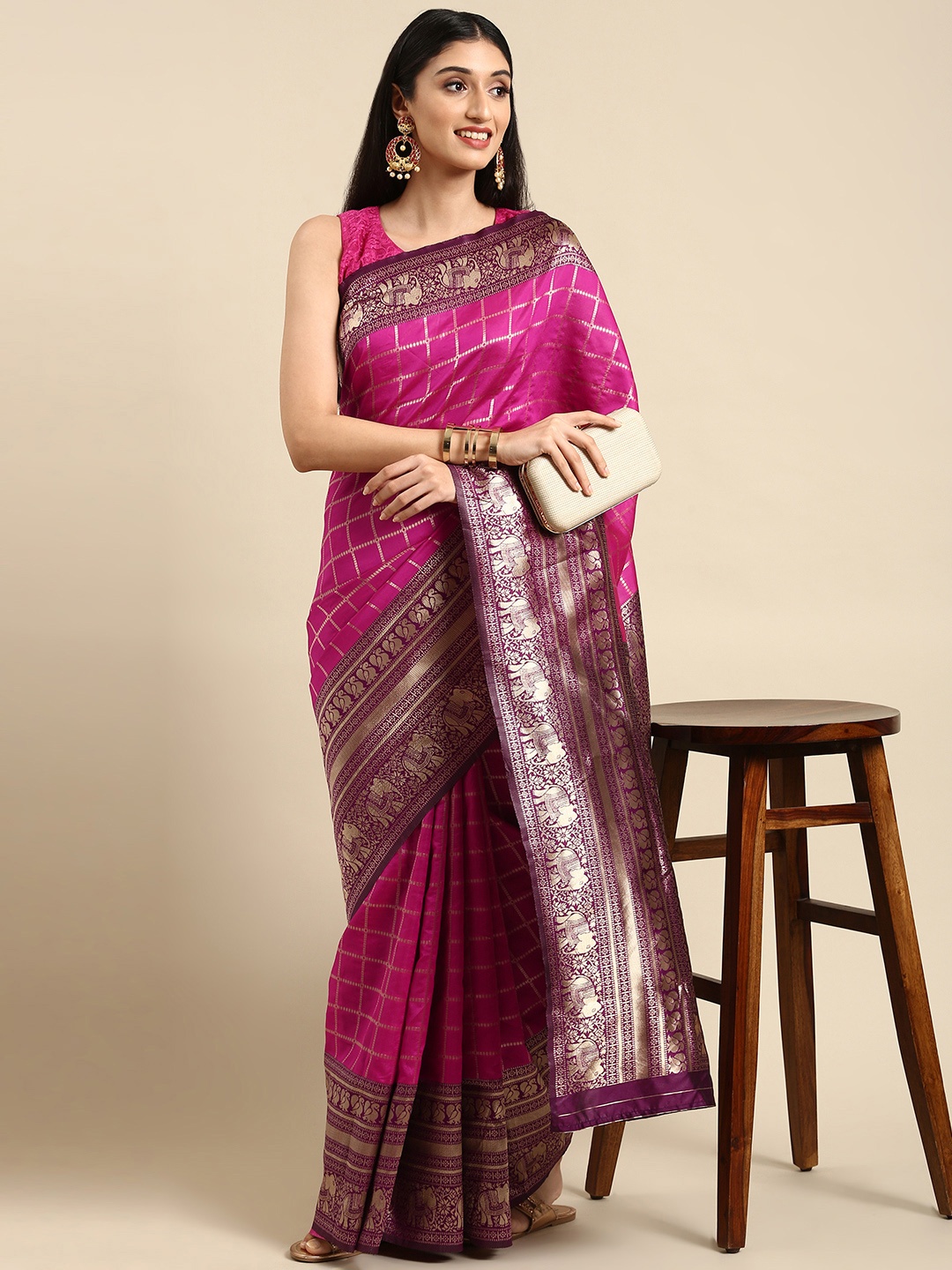 

Anouk Fuchsia Pink & Golden Checked Silk Blend Banarasi Saree