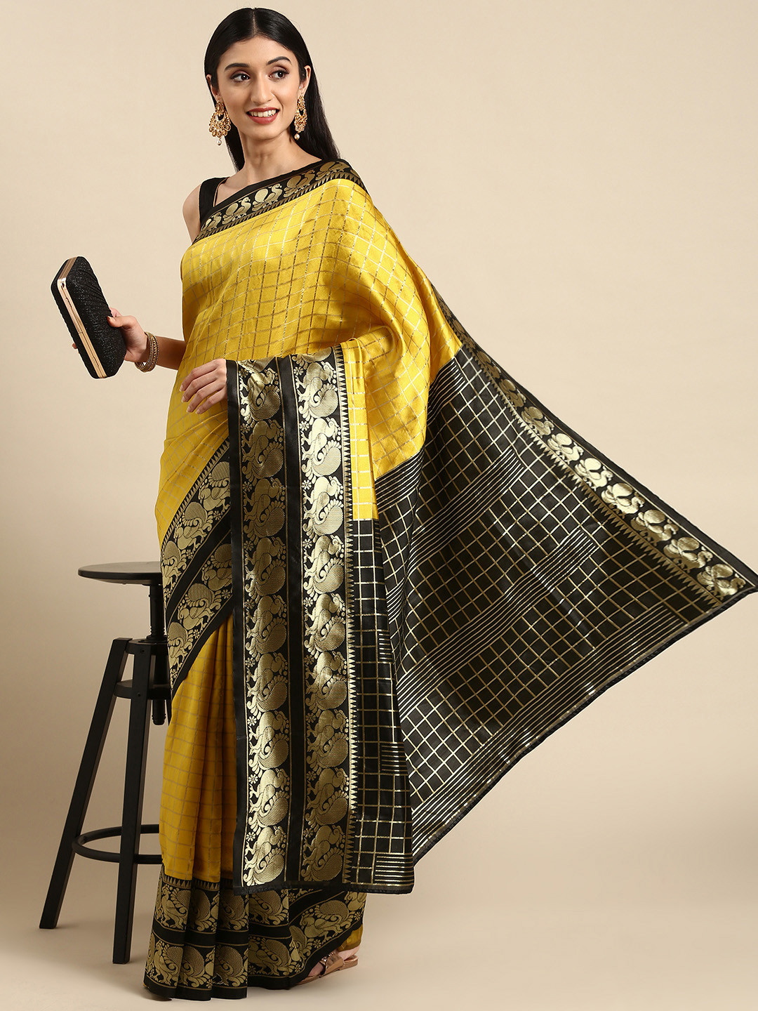 

Anouk Yellow & Black Woven Design Silk Blend Banarasi Saree