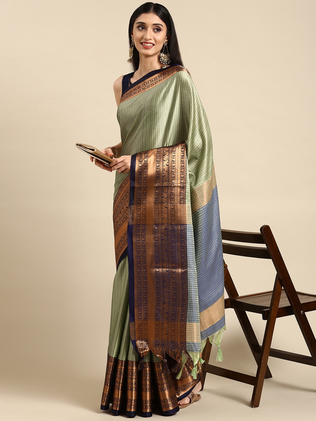 

Anouk Green & Golden Woven Design Silk Blend Banarasi Saree