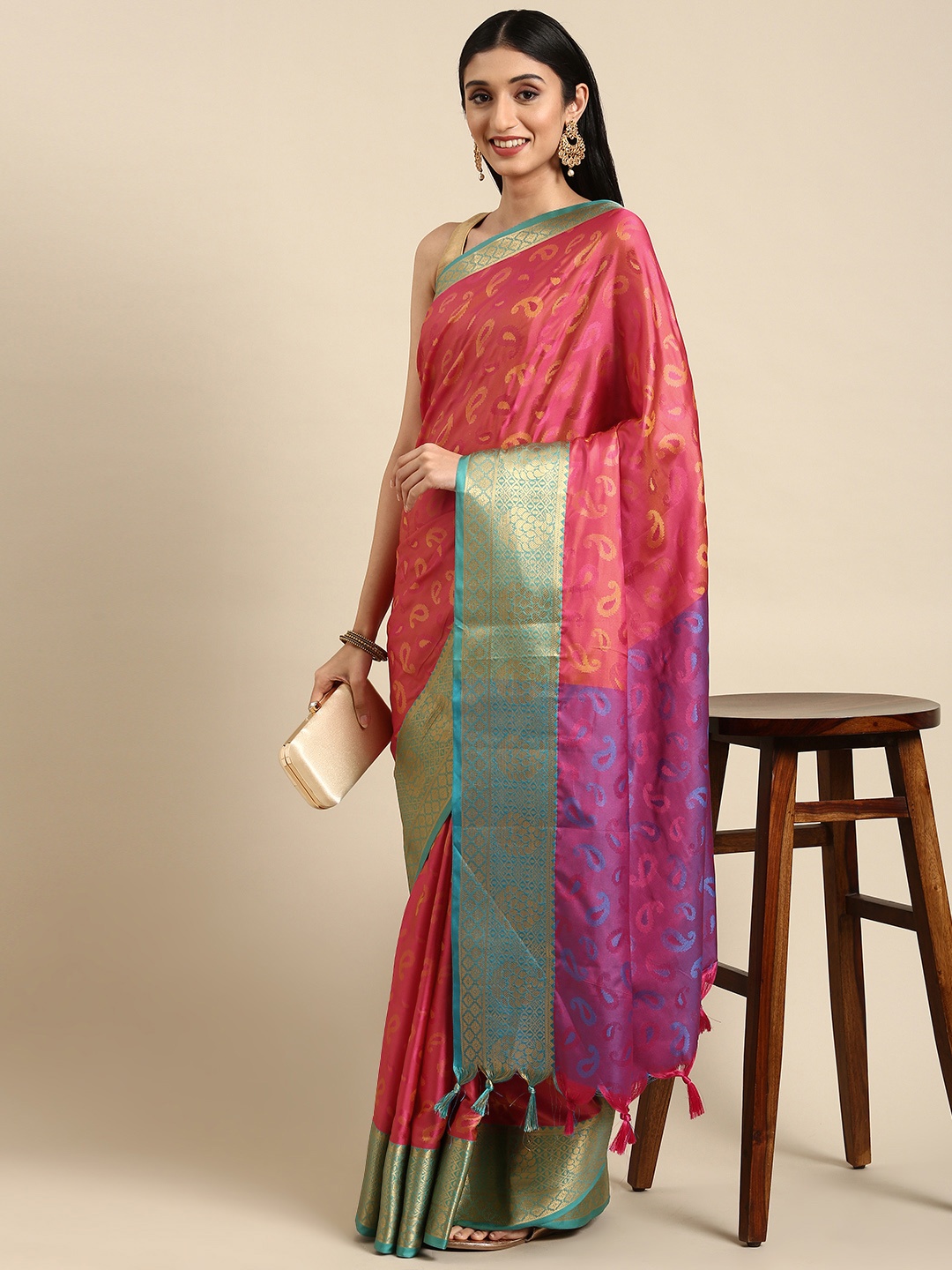 

Anouk Fuchsia Pink & Blue Woven Design Silk Blend Banarasi Saree