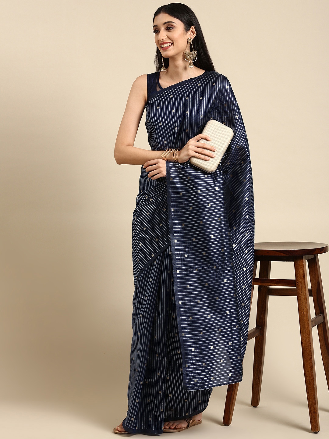 

Anouk Navy Blue & Golden Woven Design Silk Blend Banarasi Saree