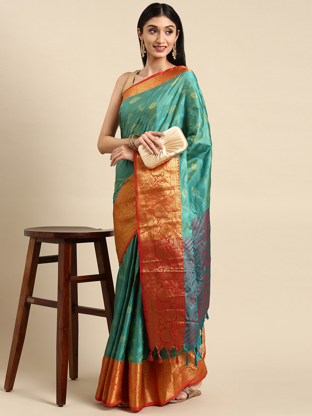 

Anouk Sea Green & Orange Woven Design Silk Blend Banarasi Saree