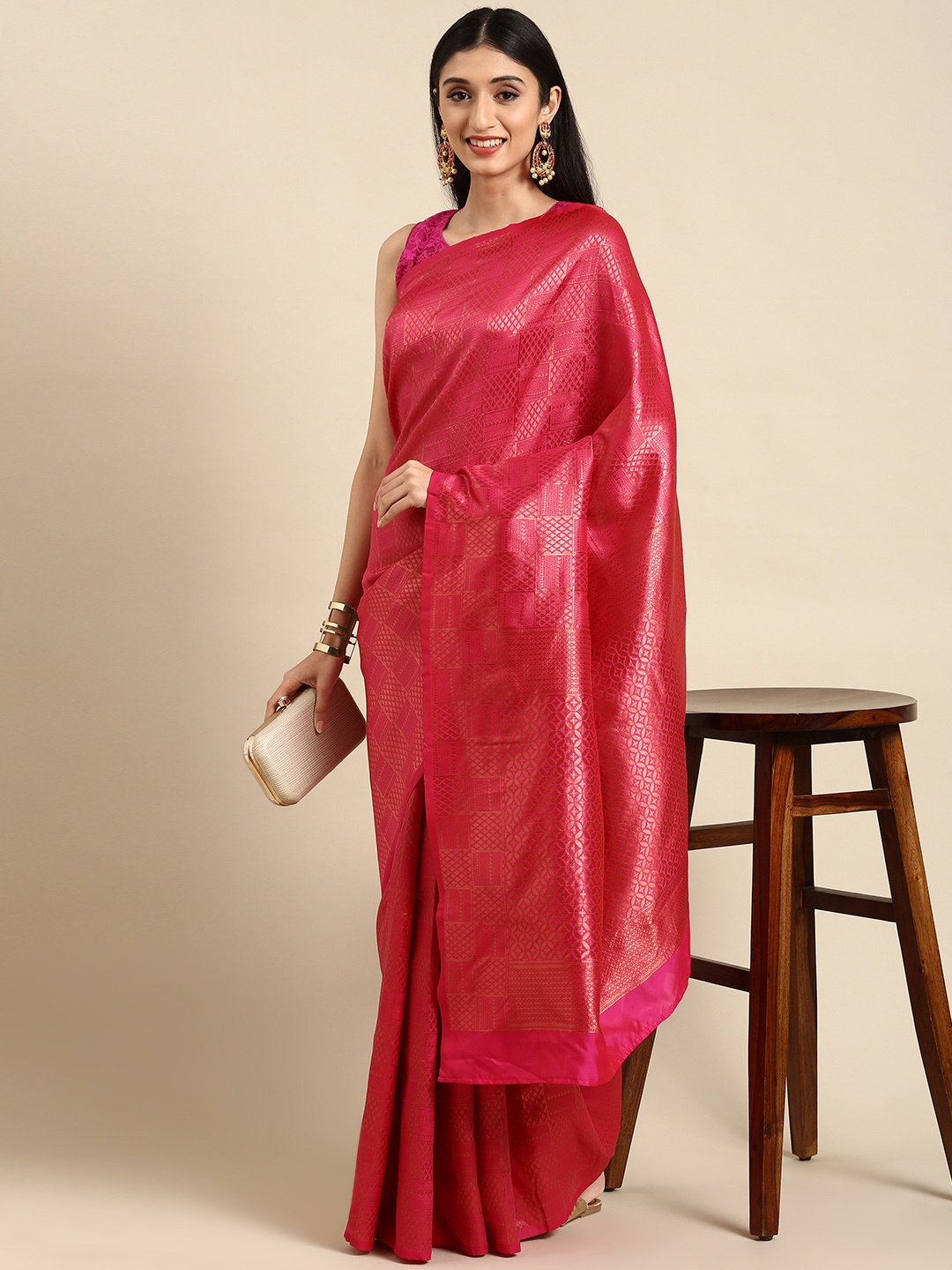 

Anouk Fuchsia Pink & Golden Woven Design Silk Blend Banarasi Saree
