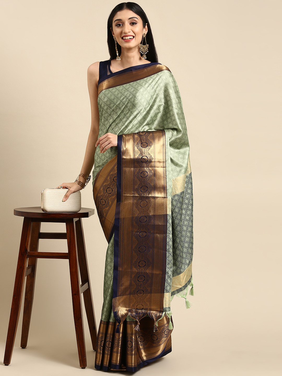 

Anouk Green & Golden Woven Design Silk Blend Banarasi Saree