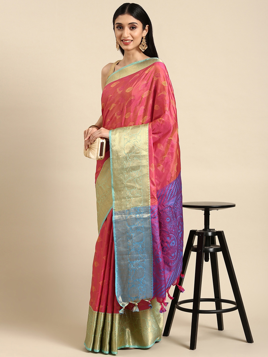 

Anouk Pink & Golden Woven Design Silk Blend Banarasi Saree