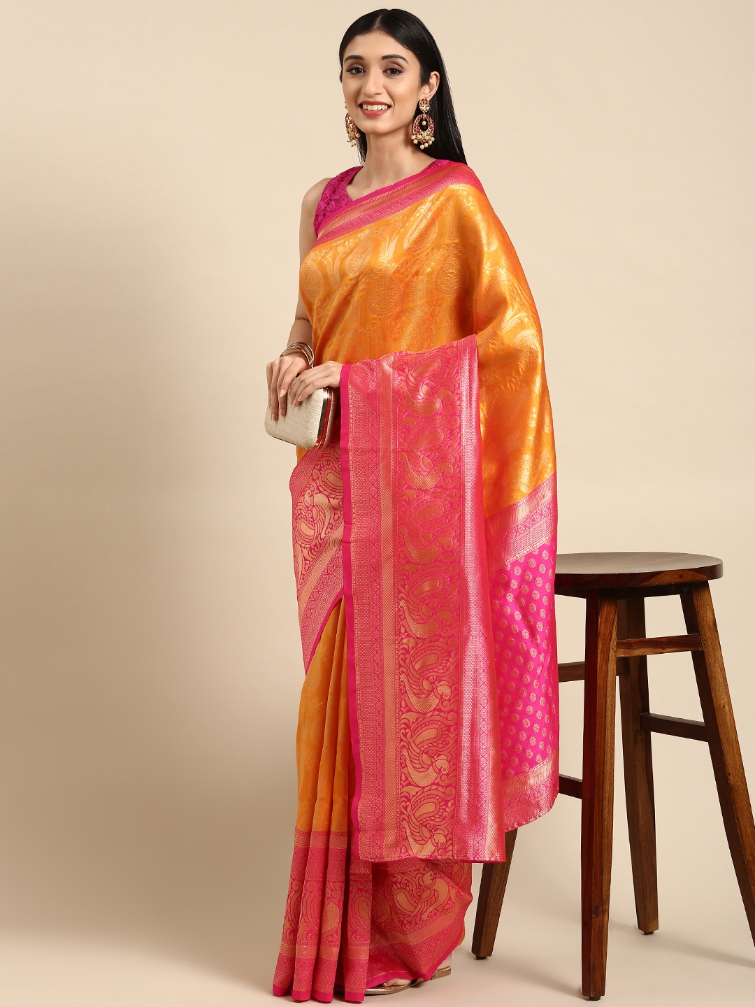 

Anouk Mustard Yellow & Pink Woven Design Silk Blend Banarasi Saree