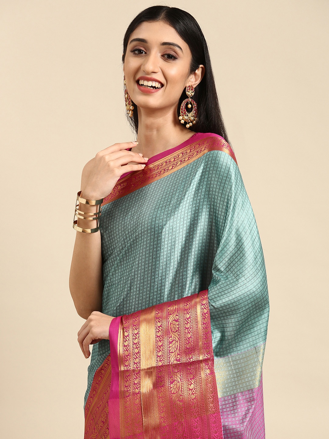 

Anouk Turquoise Blue & Red Woven Design Silk Blend Banarasi Saree
