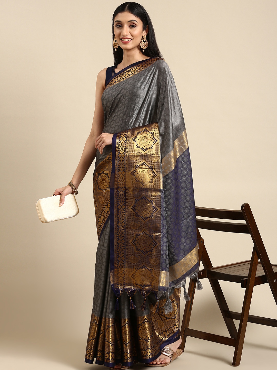 

Anouk Grey & Golden Woven Design Silk Blend Banarasi Saree