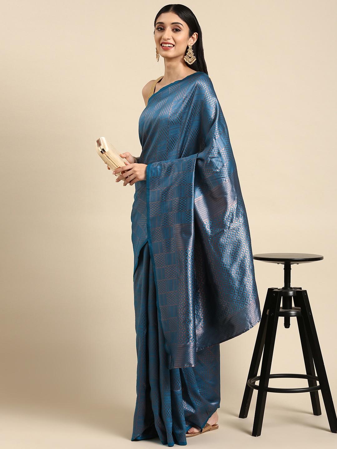 

Anouk Teal Blue & Bronze-Toned Woven Design Silk Blend Banarasi Saree