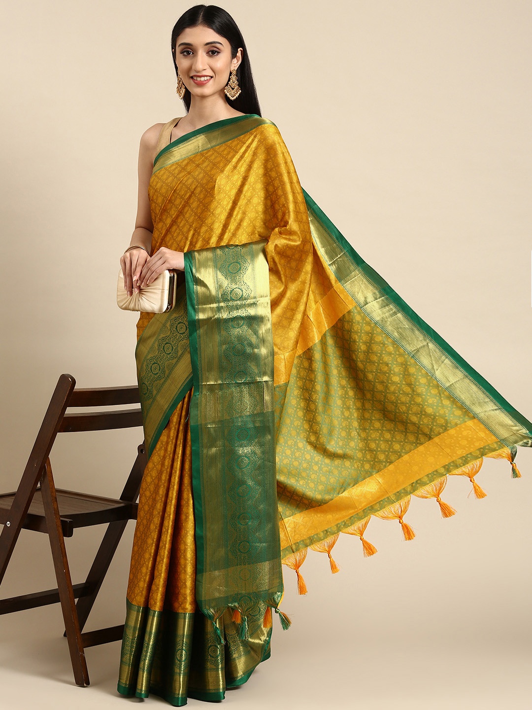 

Anouk Mustard Yellow & Green Woven Design Silk Blend Banarasi Saree