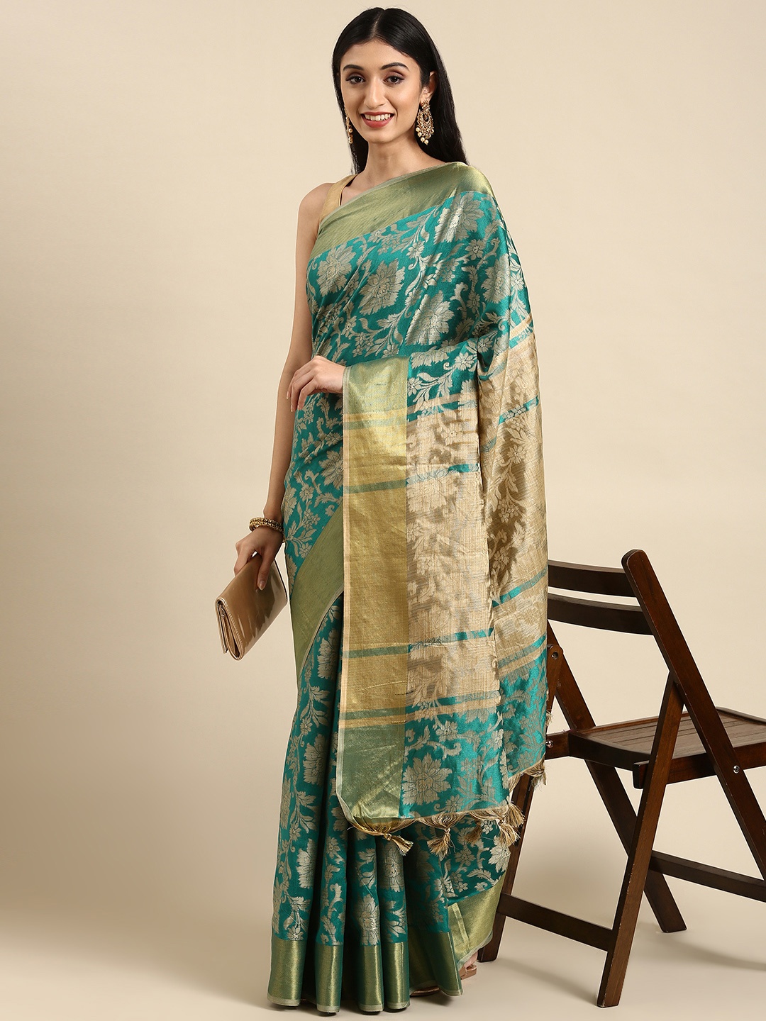 

Anouk Sea Green & Golden Woven Design Silk Blend Banarasi Saree