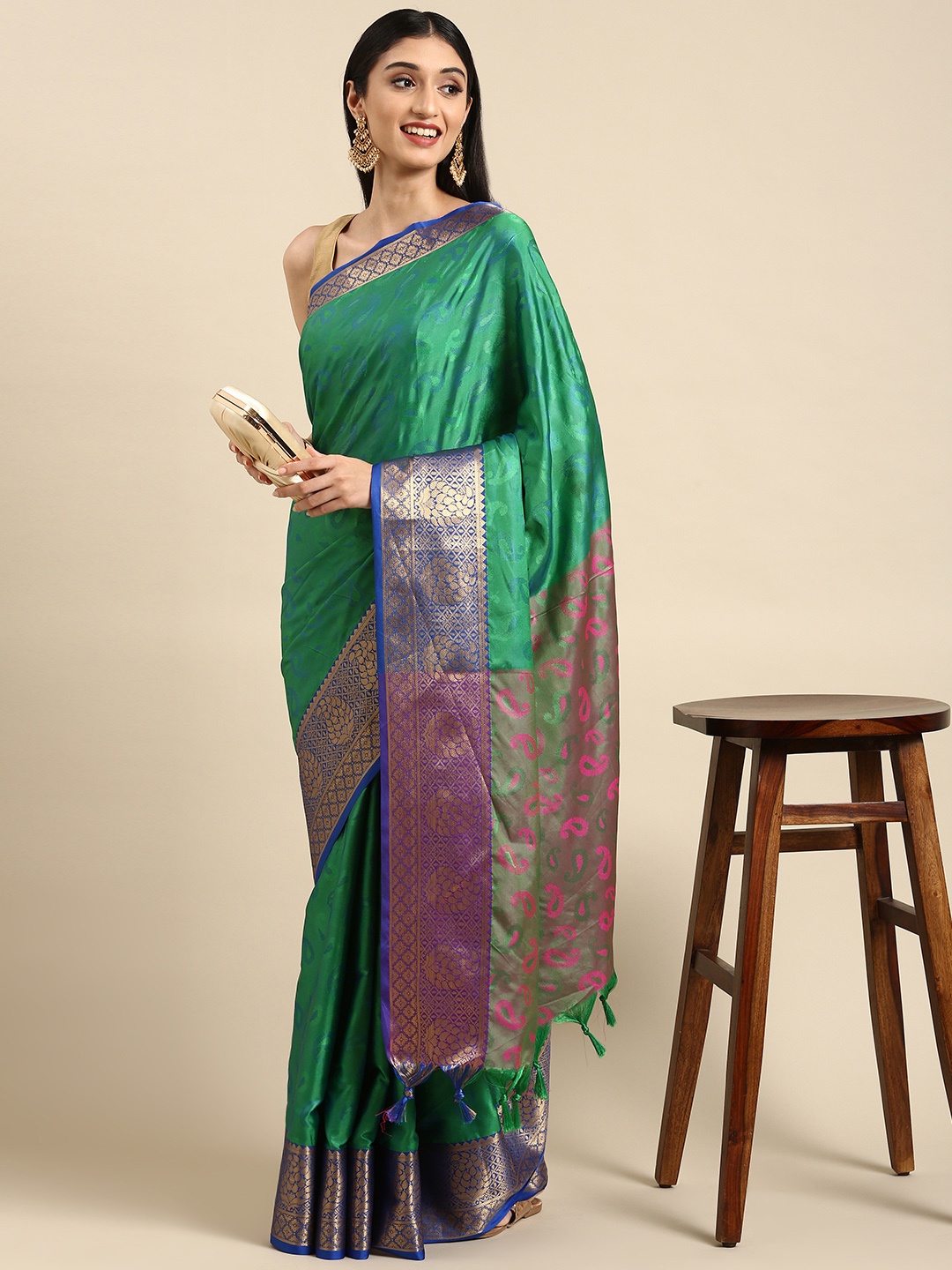 

Anouk Green & Blue Woven Design Silk Blend Banarasi Saree