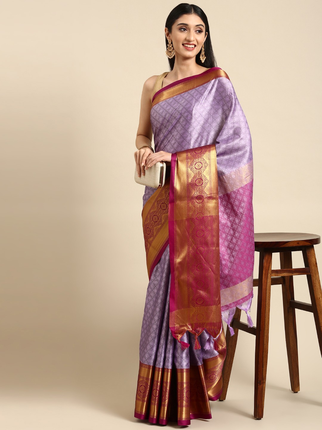 

Anouk Lavender & Pink Woven Design Silk Blend Banarasi Saree