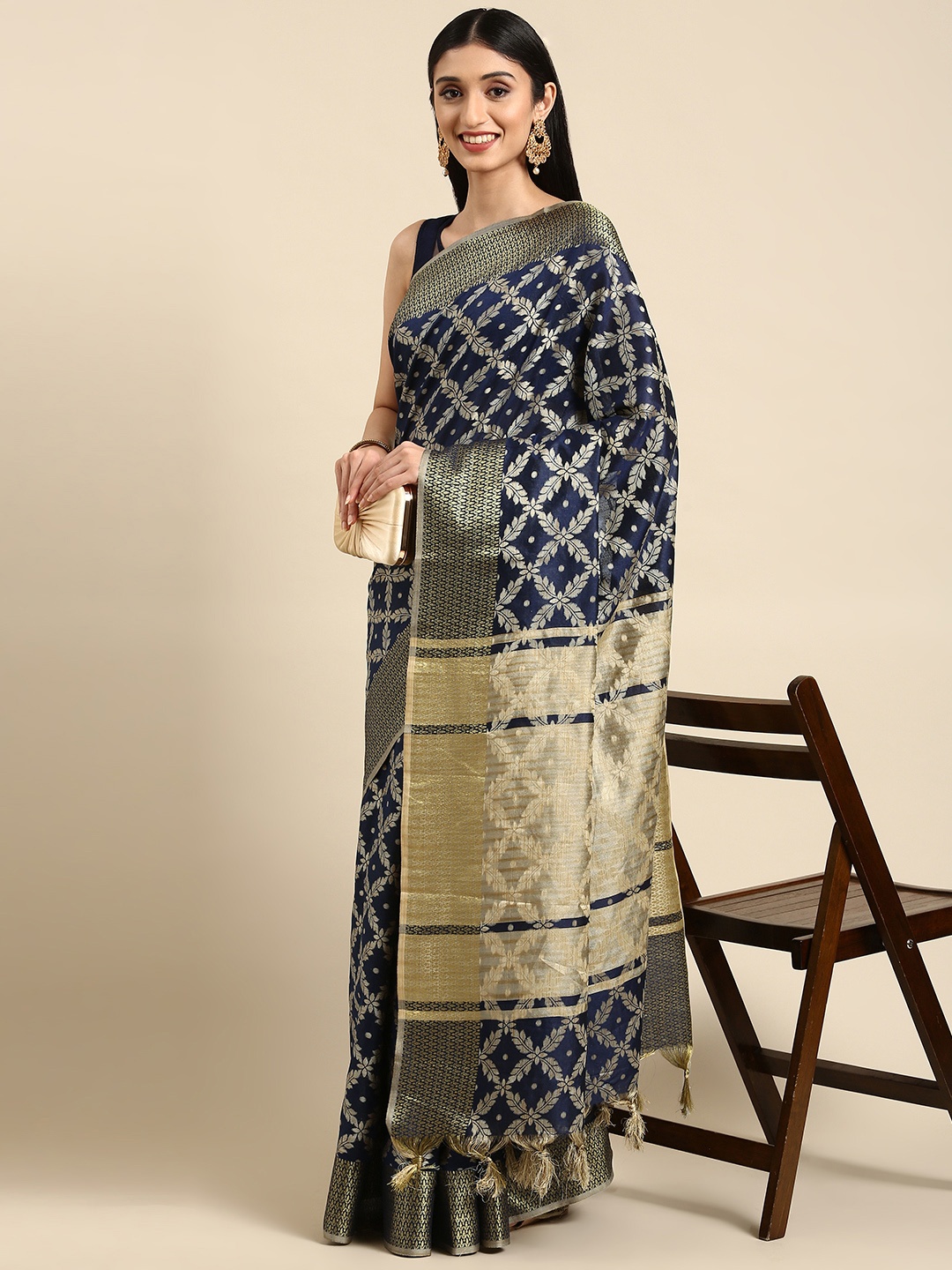 

Anouk Navy Blue & Golden Woven Design Silk Blend Banarasi Saree
