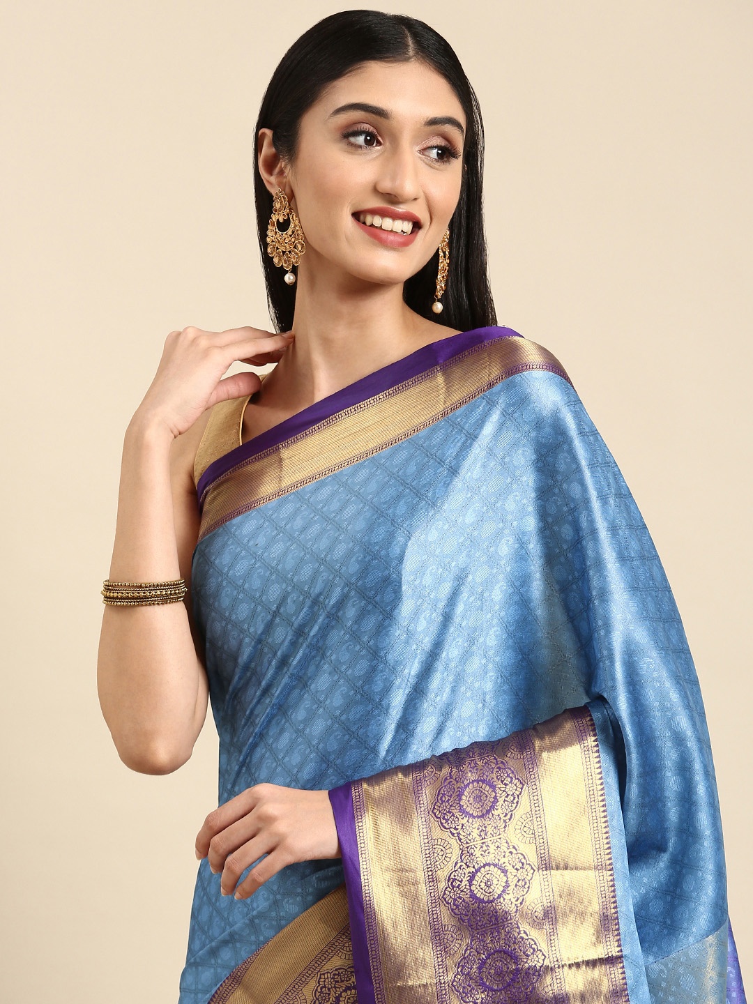 

Anouk Blue & Golden Woven Design Silk Blend Banarasi Saree