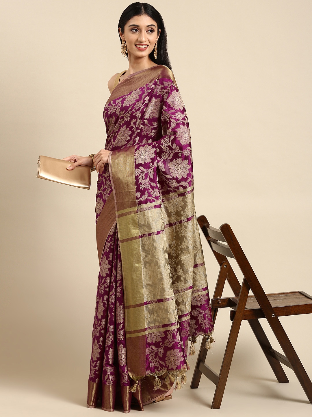 

Anouk Purple & Golden Woven Design Silk Blend Banarasi Saree