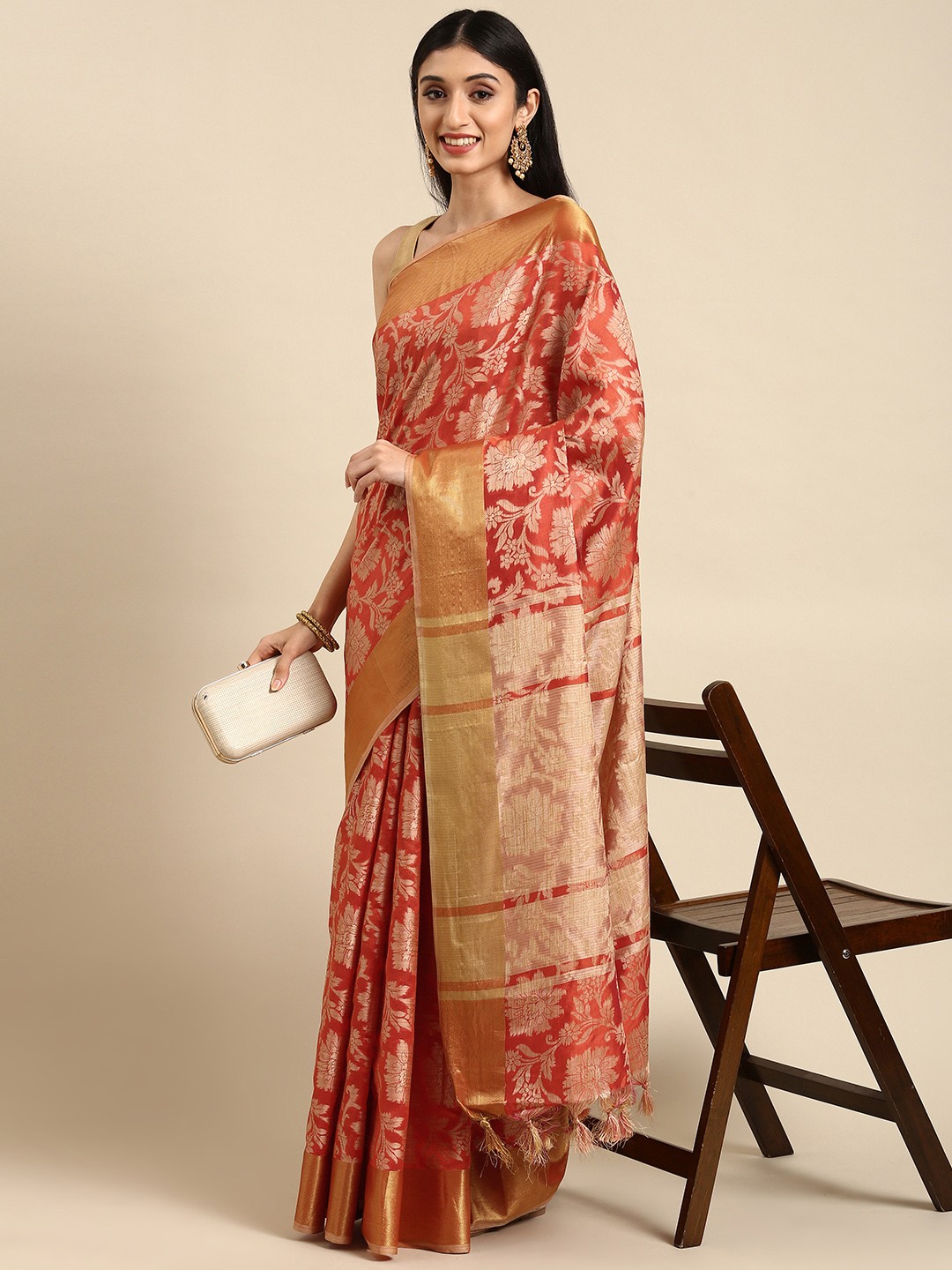 

Anouk Orange & Golden Woven Design Silk Blend Banarasi Saree