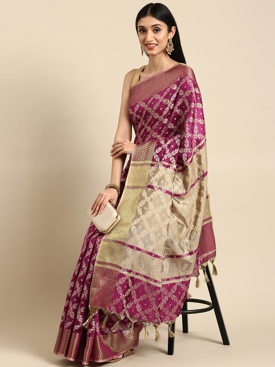 

Anouk Purple & Golden Woven Design Silk Blend Banarasi Saree