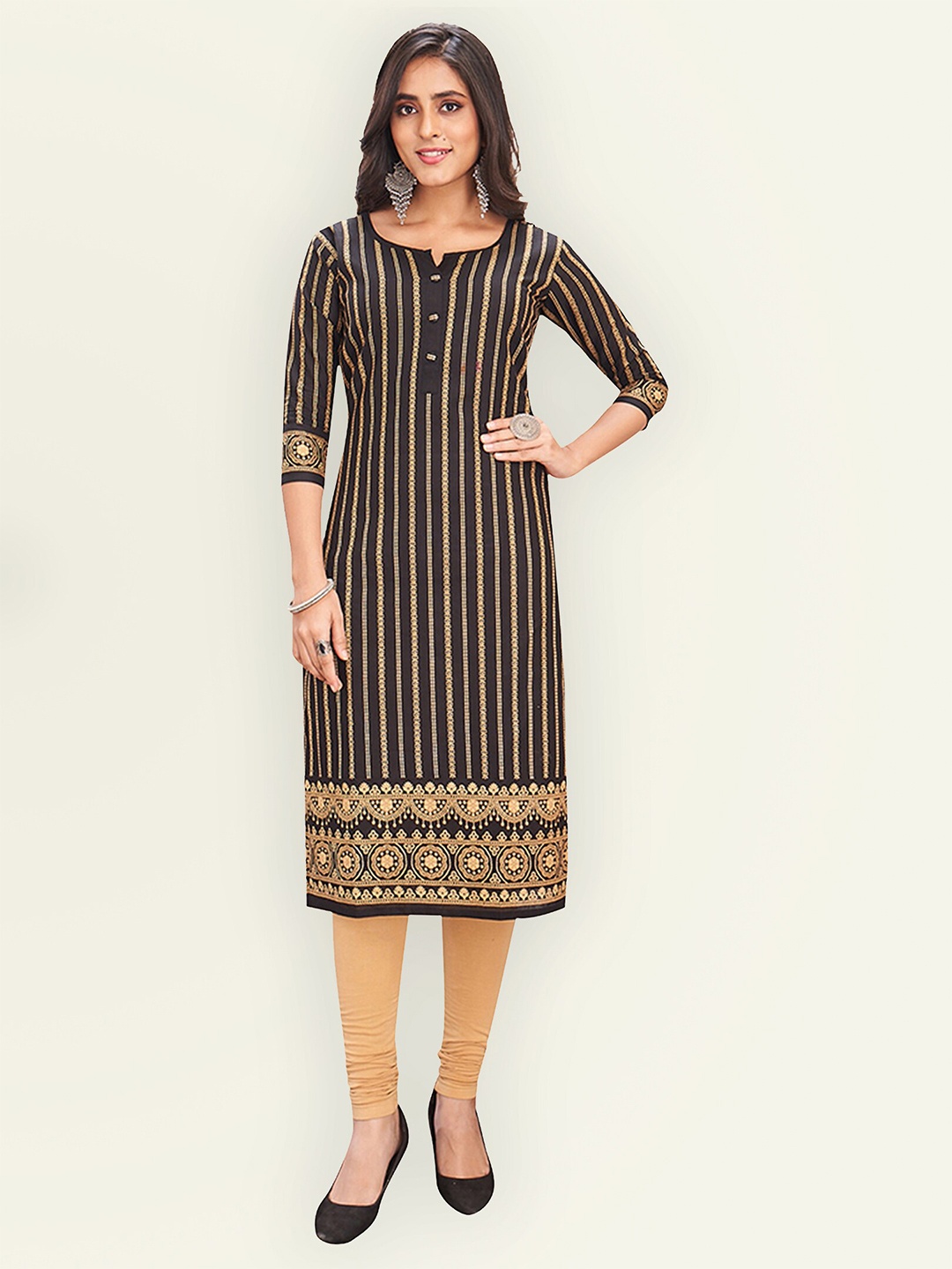 

Jevi Prints Women Black Striped Pure Cotton Kurta