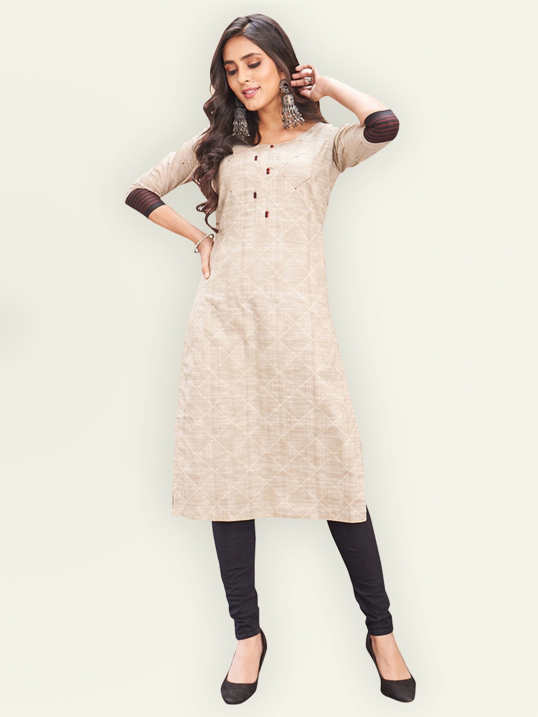 

Jevi Prints Women Beige Checked Pure Cotton Kurta