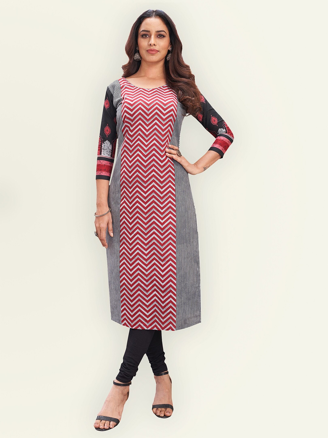 

Jevi Prints Women Red & Black Chevron Printed Pure Cotton Kurta