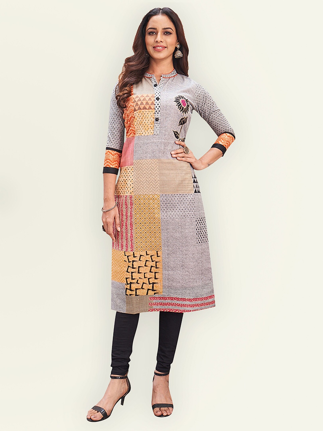 

Jevi Prints Women Grey & Yellow Geometric Printed Pure Cotton Kurta