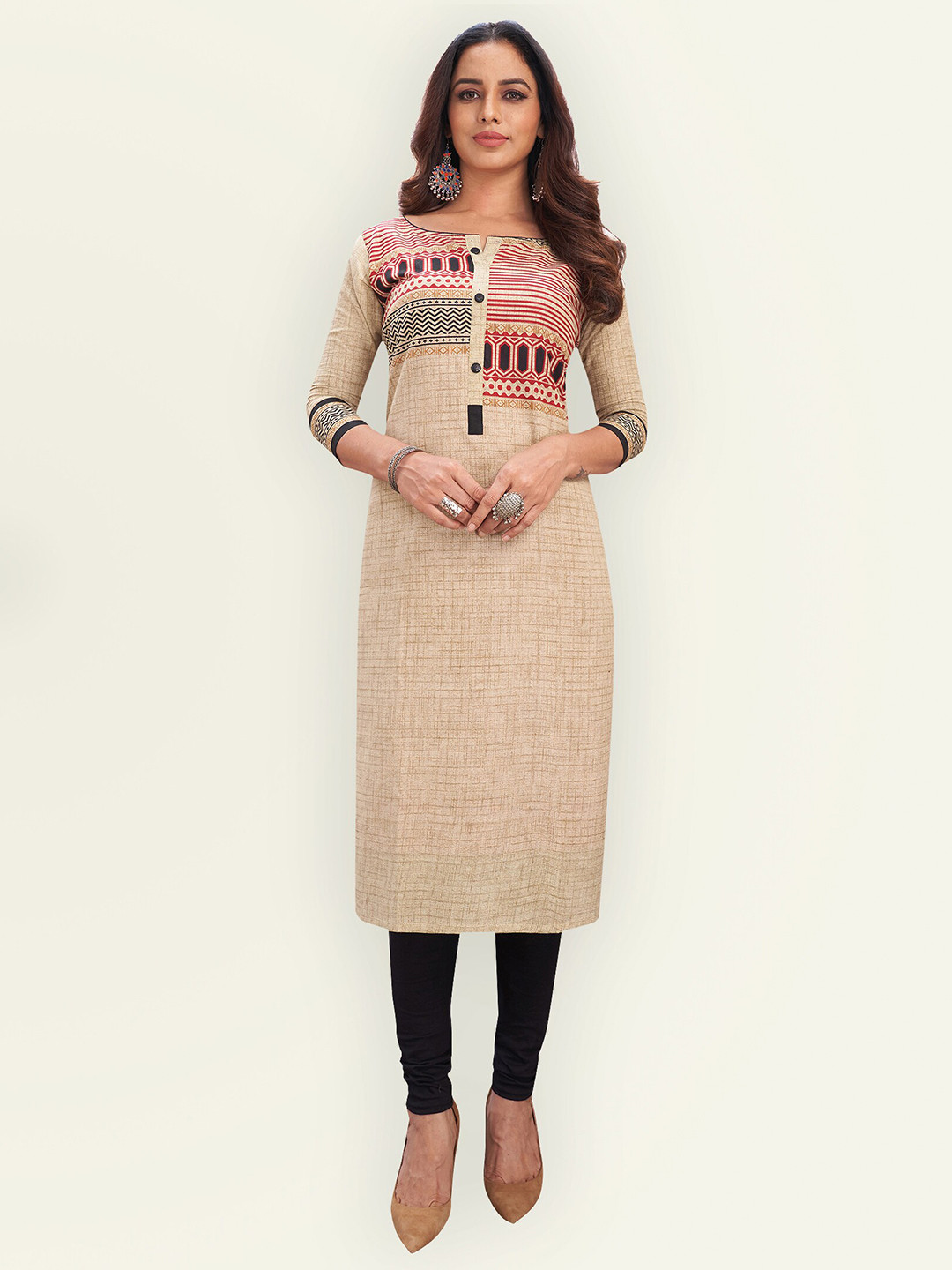 

Jevi Prints Women Beige Geometric Block Printed Pure Cotton Kurta