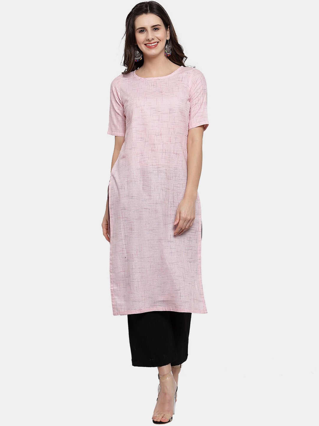 

Aarsha Women Pink Woven Design Straight Fit Cotton Kurta
