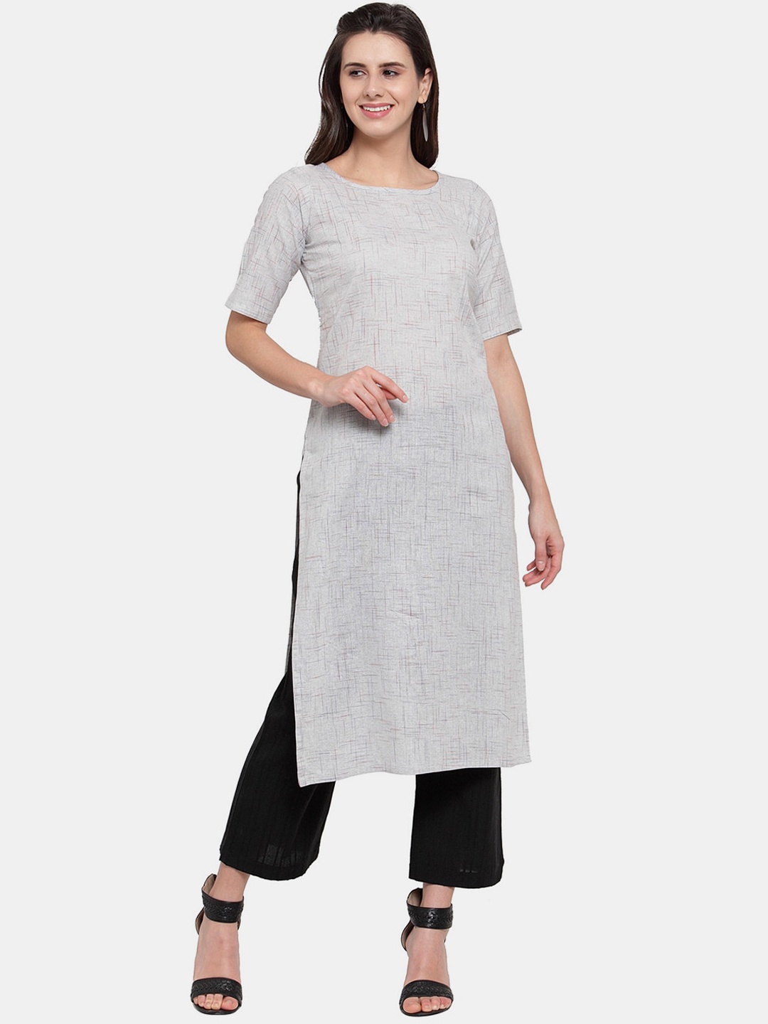 

Aarsha Women Grey Woven Design Straight Fit Cotton Kurta