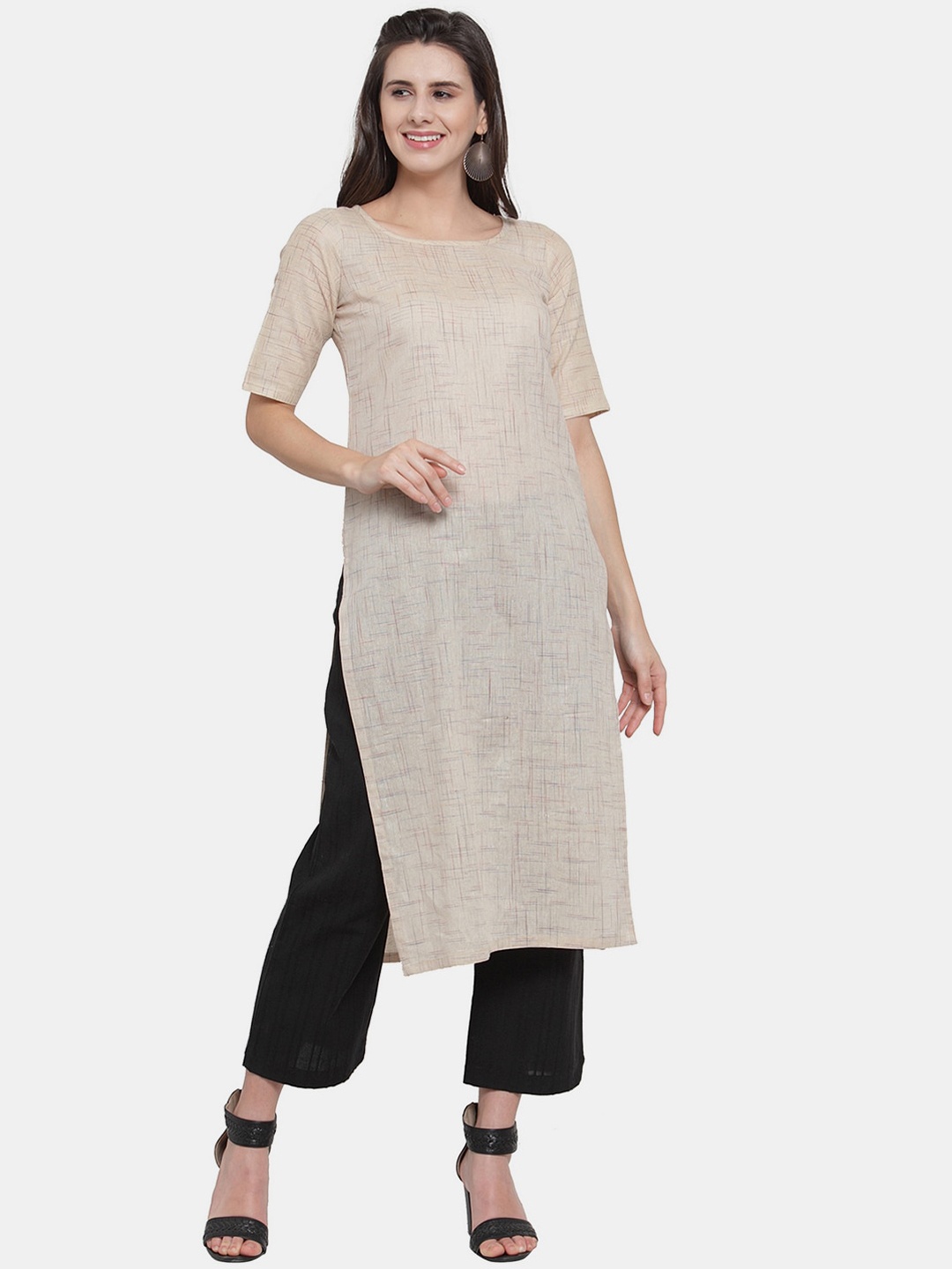 

Aarsha Women Beige Woven Design Straight Fit Cotton Kurta