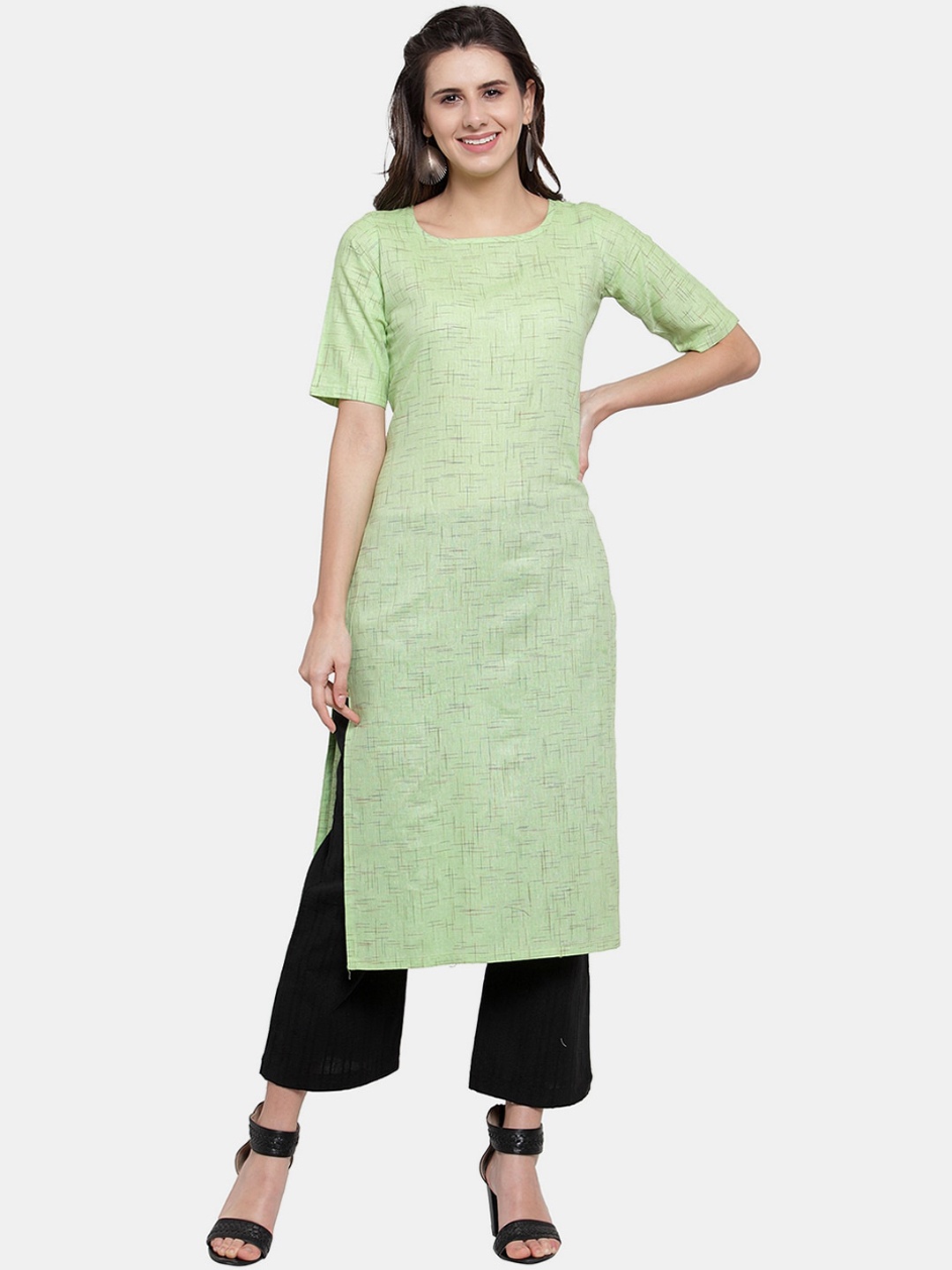 

Aarsha Women Green Woven Design Straight Fit Cotton Kurta