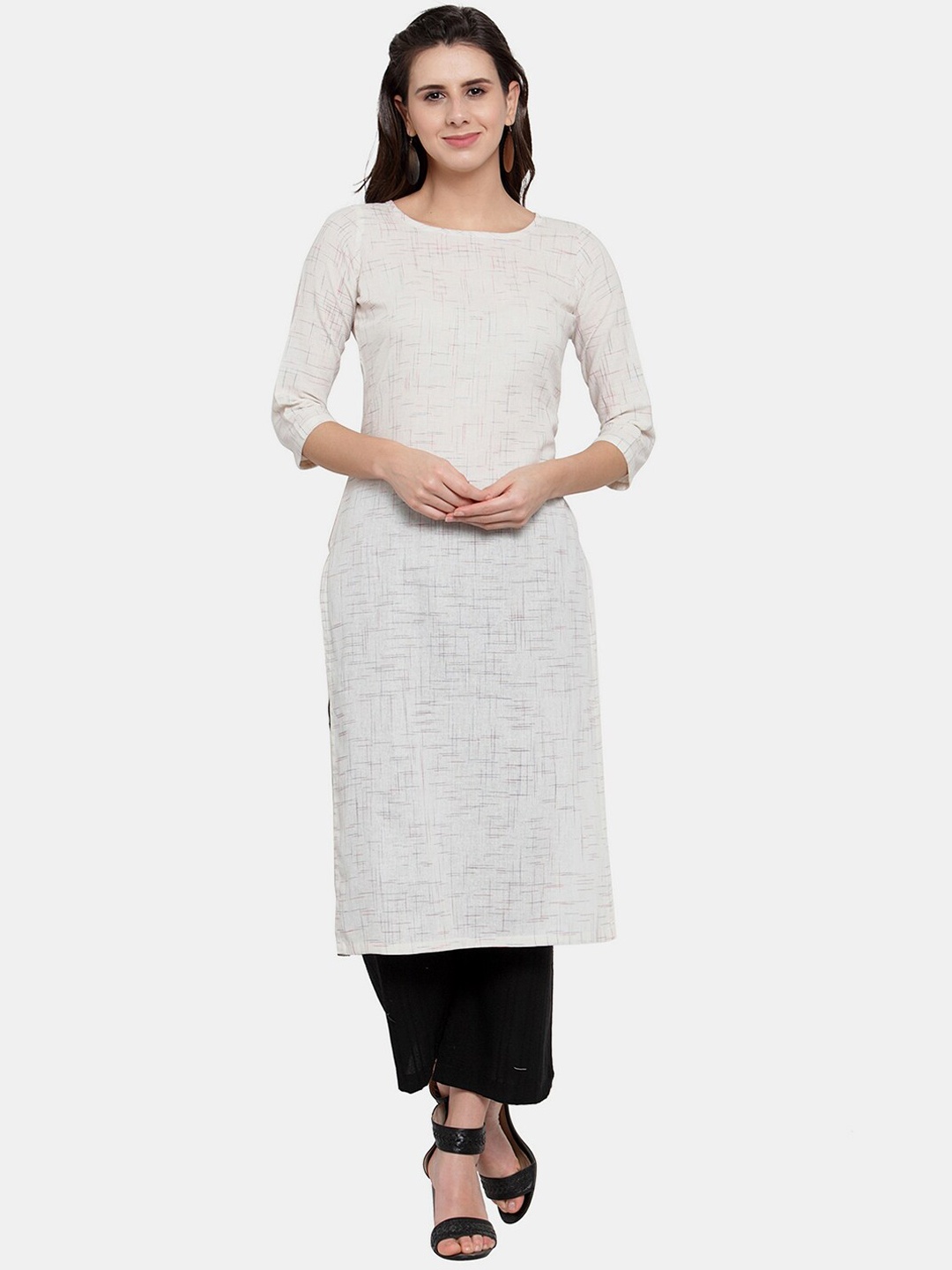 

Aarsha Women White Woven Design Straight Fit Cotton Kurta