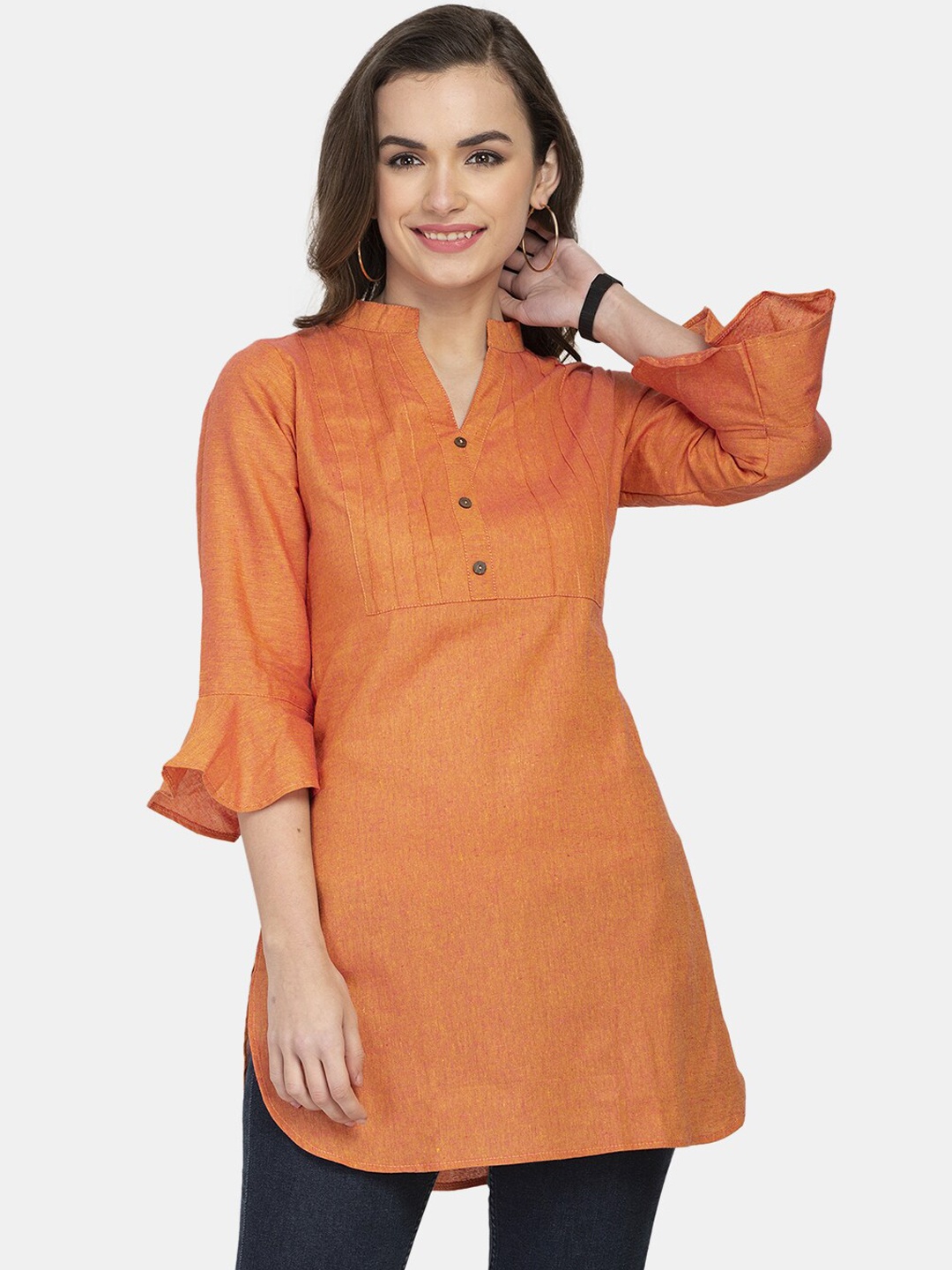 

Aarsha Orange Solid A-Line Pure Cotton Pleated Kurti
