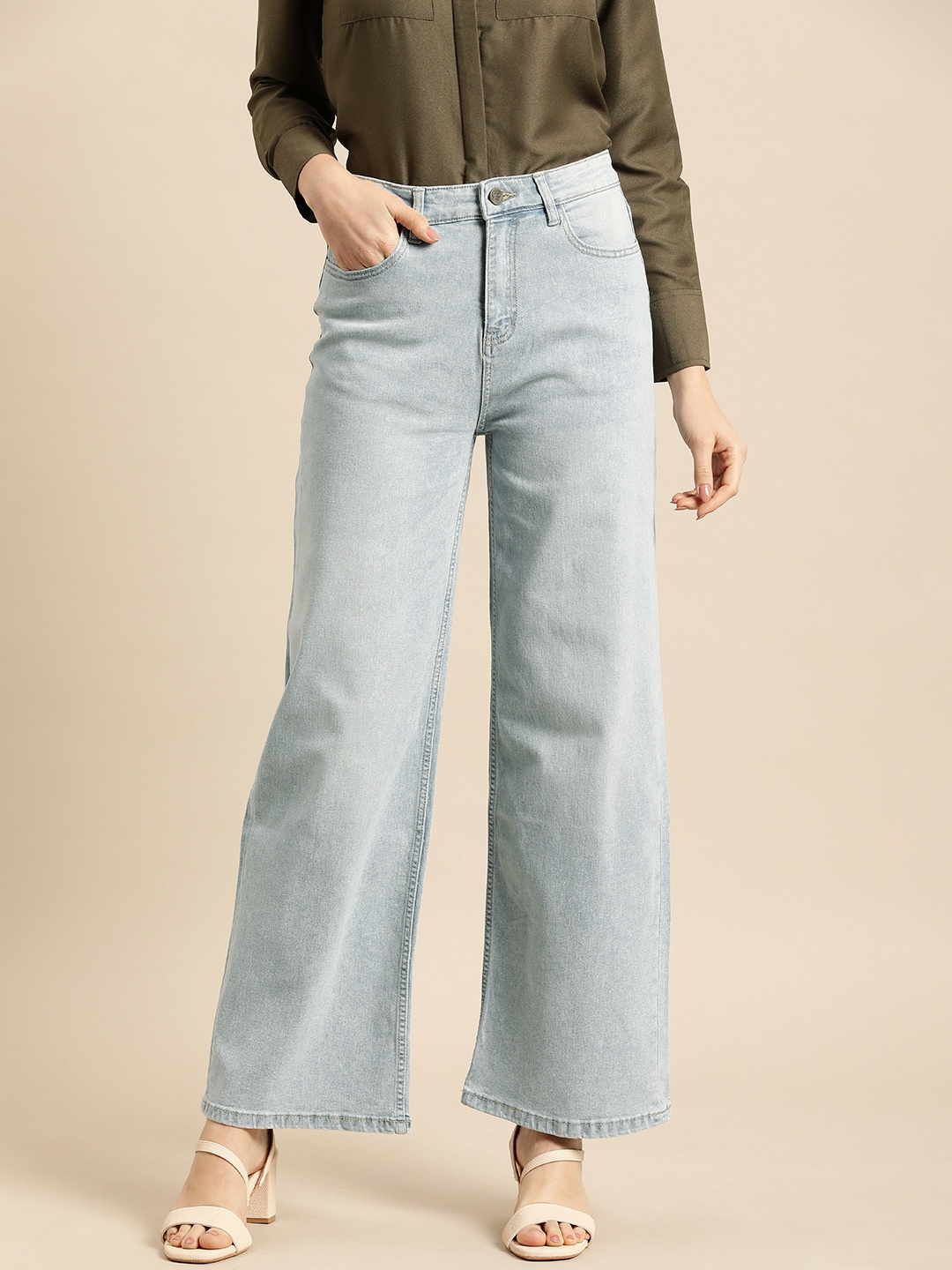 

all about you Women Wide Leg Heavy Fade Stretchable Mid Rise Jeans, Blue