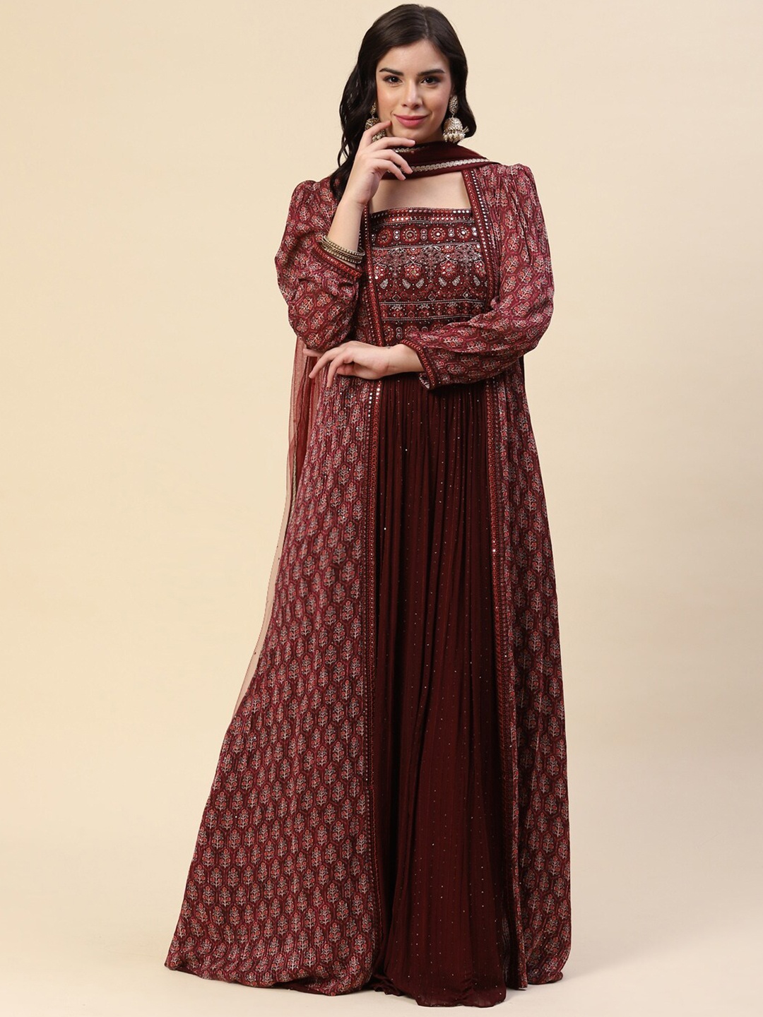 

Meena Bazaar Women Maroon Ethnic Motifs A-Line Maxi Dress With Shrug & Dupatta