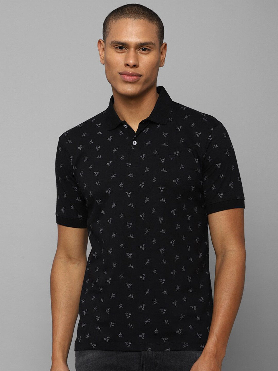 

Allen Solly Men Black Floral Printed Polo Collar Pure Cotton T-shirt