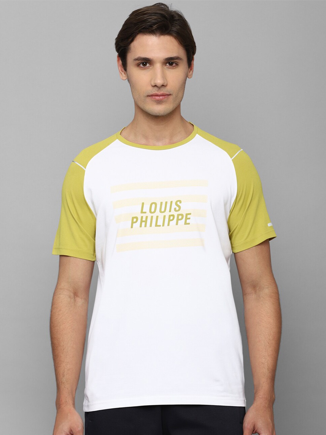 

Louis Philippe Men White & Yellow Typography Colourblocked Slim Fit Pure Cotton T-shirt