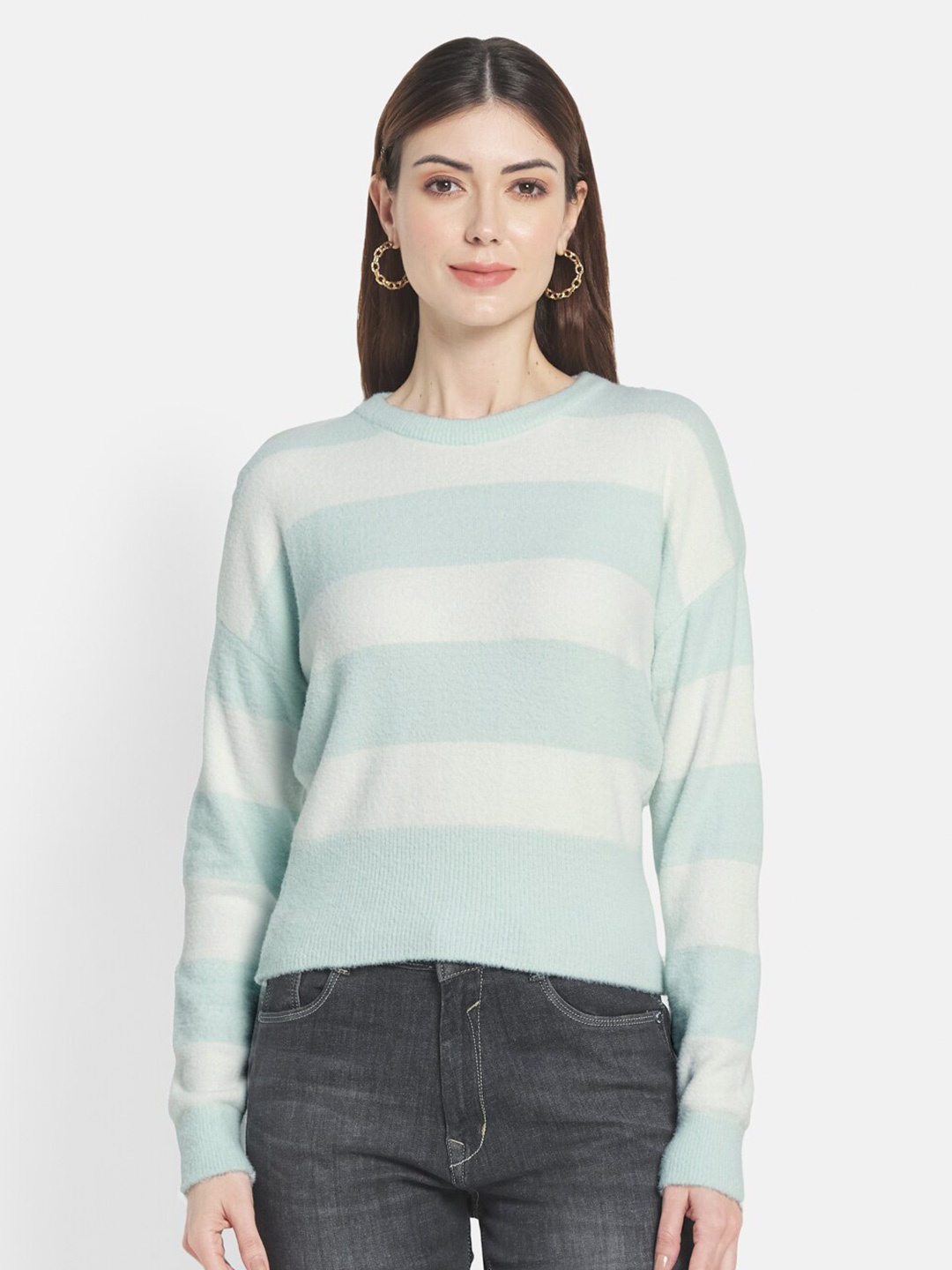 

METTLE Women Blue & White Striped Striped Pullover