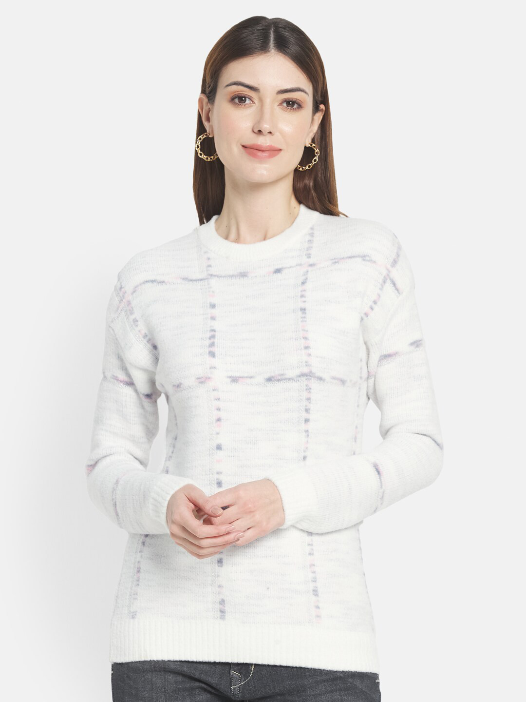 

METTLE Women White & Grey Checked Checked Pullover