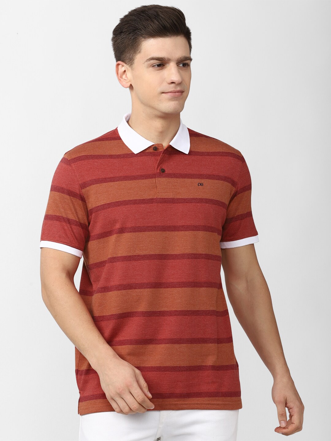 

Peter England Casuals Men Orange & Camel Brown Striped Polo Collar T-shirt