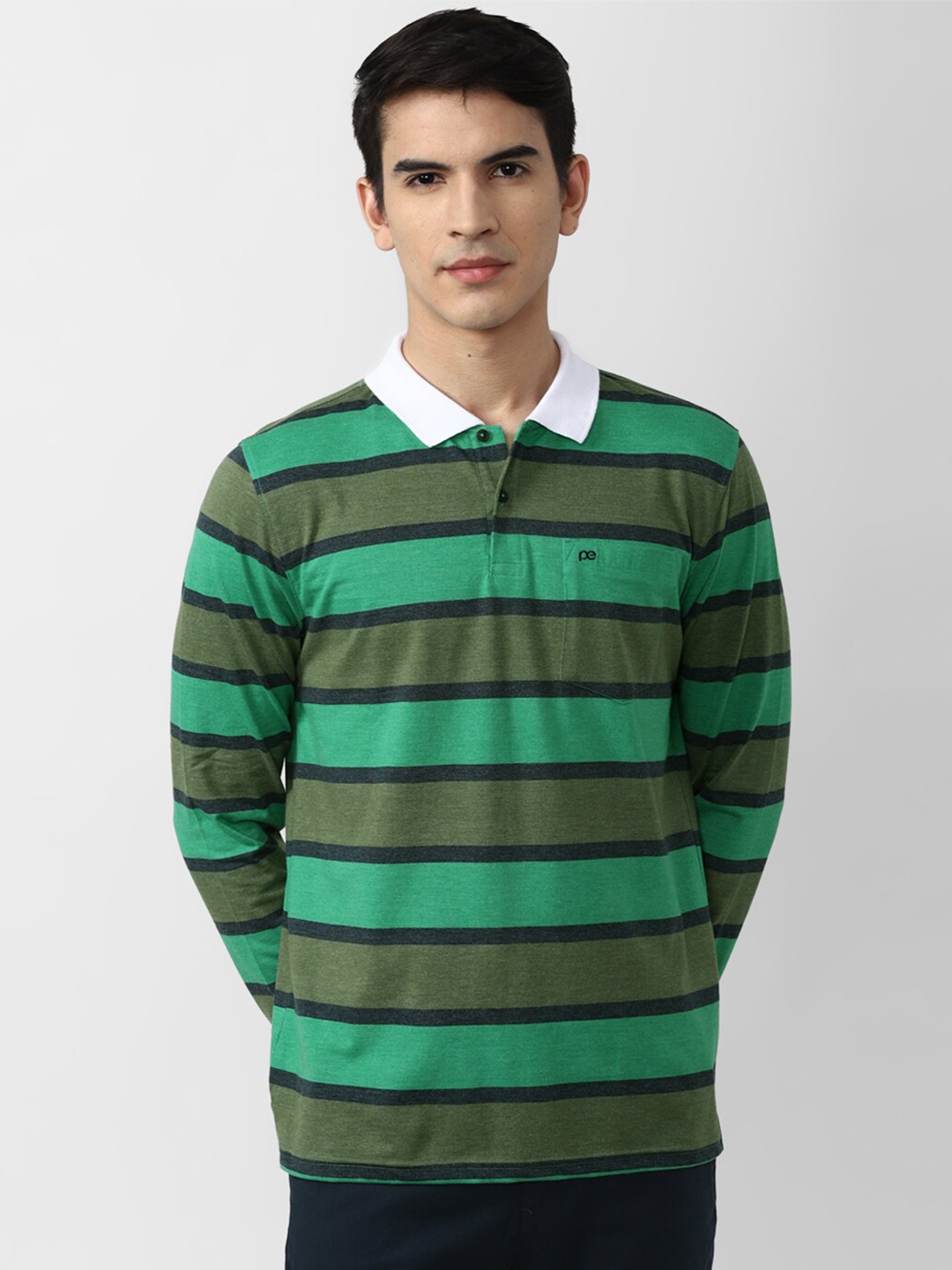 

Peter England Casuals Men Green & Olive Green Striped Polo Collar T-shirt